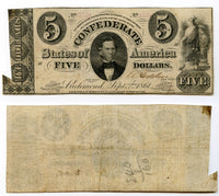 Nice 1861 Confederate State of America (CSA) $5 Note (T-34, Criswell #268)