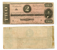 Nice 1864 Confederate State of America (CSA) $2 Note (T-70, Criswell #569)