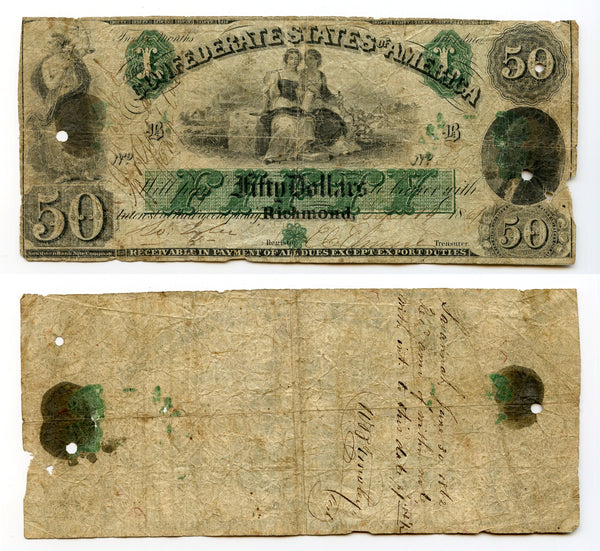 Rare early 1861 Confederate State of America (CSA) $50 Note (T-6)