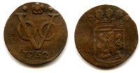 Scarce 1/2 duit, VOC, 1752, Dodrecht, Holland coinage, Dutch East Indies (KM #72)