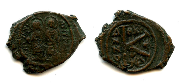 Scarcer type 1/2 follis of Justin II (565-578 AD), Thessalonica, Byzantine Empire