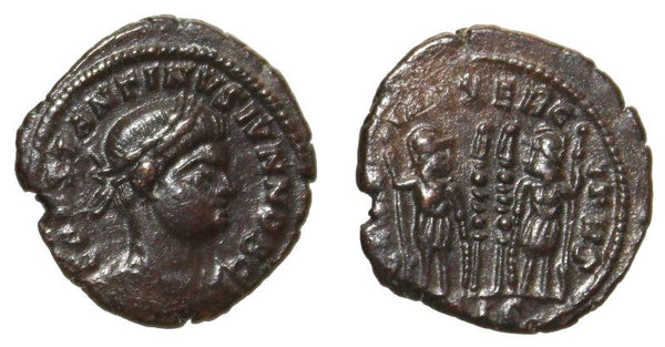 Ancient British barbarous Constantine II GLORIA EXERCITVS AE3, minted ca.330-348 AD - high quality imitation of the Lugdunum issue (PLG mintmark) from Dorchester (?) in Roman Britain